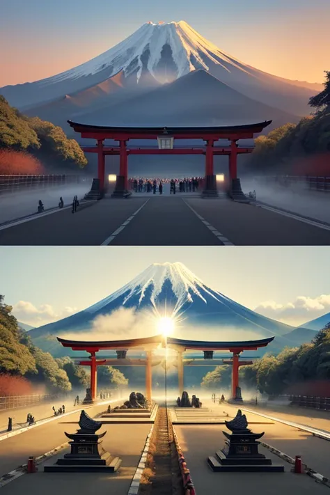 鳥居がleftrightに分かれ道を作る,Thousands of torii gates lined up,Mt. Fuji in the background,The sun is directly above Mt. Fuji,In the ground（left:hiar,central:Now,right:future）