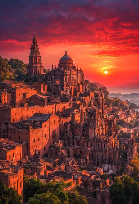 cultural heritage a great scene at sunset. the ancient city and the ancient church. the color of dusk. the sunset dyes the sky r...