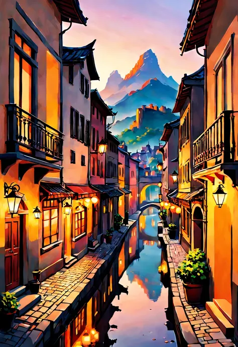 ancient city at sunset, golden hues, vibrant colors, ancient architecture, intricate details, warm lighting, fading sunlight, glowing sky, narrow alleyways, bustling streets, silhouettes of buildings, tranquil atmosphere, cobblestone paths, historic landma...