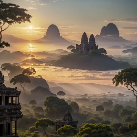 Abandoned Cambodian ancient city at sunset, jungle growth consuming temples, monkeys frolicking amidst ruins, birds gliding overhead, dramatic chiaroscuro lighting accentuating the scene, crisp focus, lens flare adding depth, 32K resolution, captured with ...