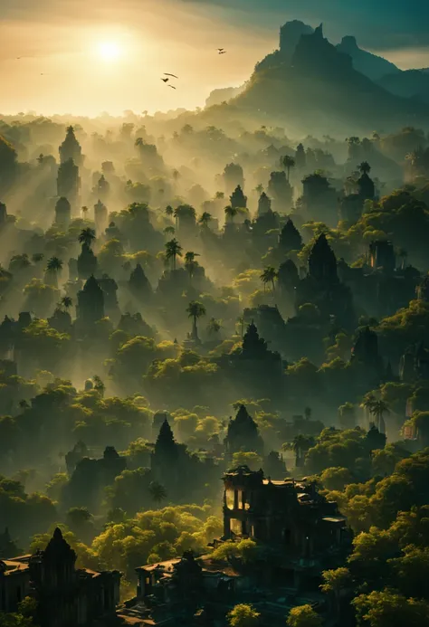 Abandoned Cambodian ancient city at sunset, jungle growth consuming temples, monkeys frolicking amidst ruins, birds gliding overhead, dramatic chiaroscuro lighting accentuating the scene, crisp focus, lens flare adding depth, 32K resolution, captured with ...