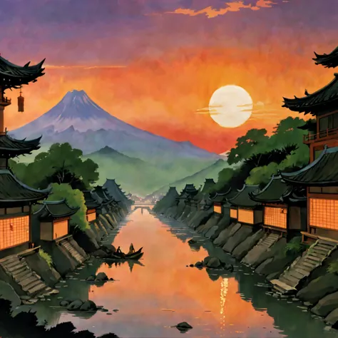 masterpiece, sunset, ancient japan city

