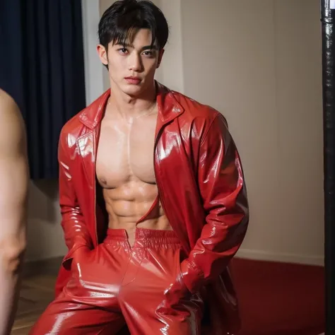 Japan man，man,youth，Best quality, crisp quality, Masterpiece, Highest resolution, Highly detailed, Red latex jumpsuit, love heart，chest muscle，Full-body muscular figure，night club，mtu
