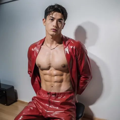 Japan man，man,youth，Best quality, crisp quality, Masterpiece, Highest resolution, Highly detailed, Red latex jumpsuit, love heart，chest muscle，Full-body muscular figure，night club，mtu , 16k resolution , ultra-high clarity , hyperrealism, uhd , puffy nipple...