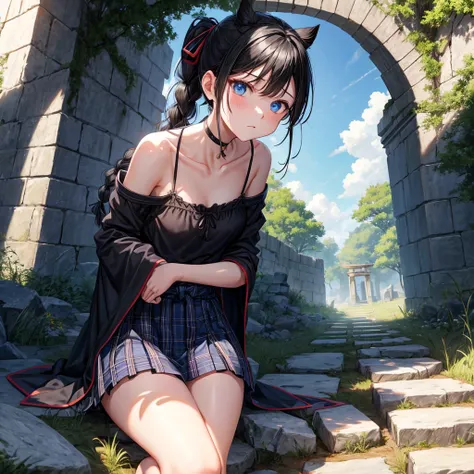 Black blue hair、blue eyes、Braid、ponytail、one good looking girl、solo、anime、Plaid miniskirt、camisole、black t-shirt、Tilting your face、Doing the ribbon、Ribbon at waist、sunset sky、broken stone steps、ruins、tunnel、Fallen leaves、Light and shadow、Raising legs、colum...