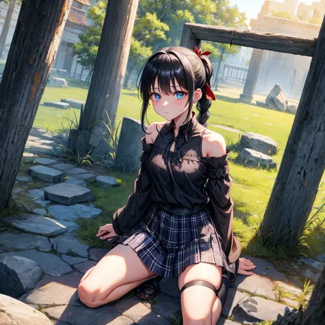 Black blue hair、blue eyes、Braid、ponytail、one good looking girl、solo、anime、Plaid miniskirt、camisole、black t-shirt、Tilting your face、Doing the ribbon、Ribbon at waist、sunset sky、broken stone steps、ruins、tunnel、Fallen leaves、Light and shadow、Raising legs、colum...