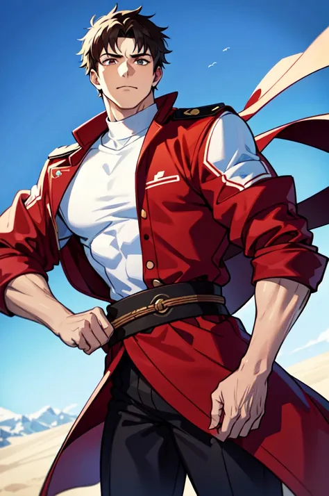 1man with a shredded physique wearing a plain white shirt and black pants and a big red coat with brown hair and holding a white sword with light brown eyes