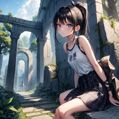 Black blue hair、blue eyes、Braid、ponytail、one good looking girl、solo、anime、Plaid miniskirt、camisole、black t-shirt、Tilting your face、Doing the ribbon、Ribbon at waist、sunset sky、broken stone steps、ruins、tunnel、Fallen leaves、Light and shadow、Raising legs、colum...