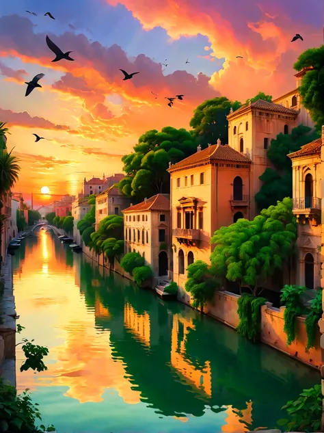 sunset over ancient city, warm sunset glow, historic skyline, tranquil atmosphere, pastel-colored sky, reflective water surface,...