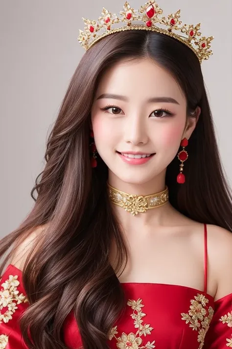 A beautyful girl，long whitr hair，(Wear a beautiful red Chinese dress)，Chinese stand collar，Exquisite embroidery，(A delicate crown was worn over his hair)，A pair of shiny earrings hang from the ears，A beautiful necklace was worn around his neck，Sweet smilin...