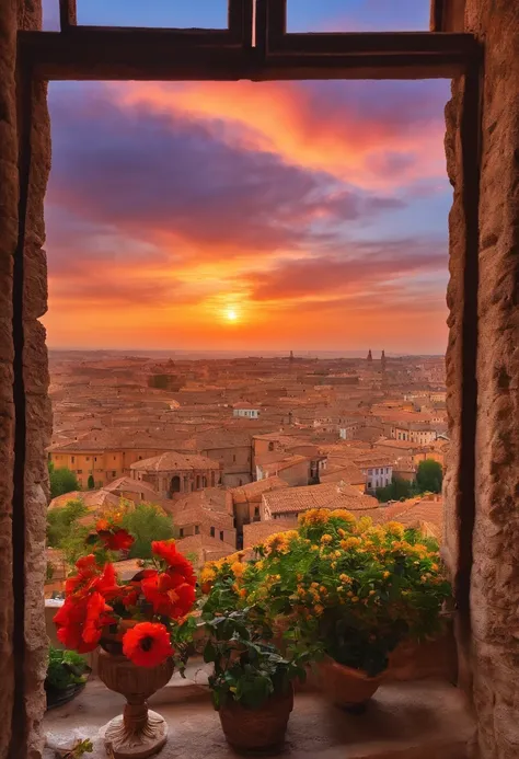 masterpiece, The view from the window, Ancient Roman cityscape, cobblestone, Vivid sunset, Big sunset