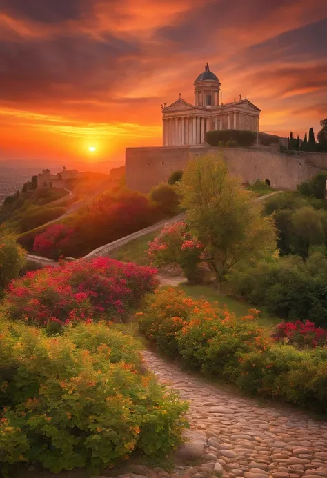 masterpiece, ancient capital of italy, 狭いcobblestoneの路地, cobblestone, Vivid sunset, Big sunset