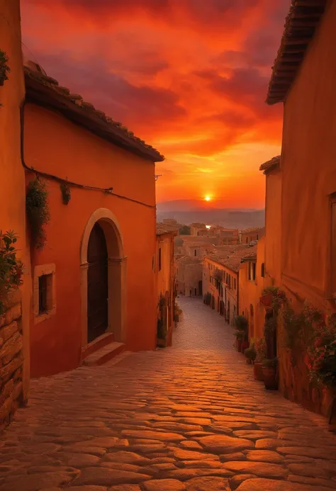 masterpiece, ancient capital of italy, 狭いcobblestoneの路地, cobblestone, (Vivid sunset, Big sunset)