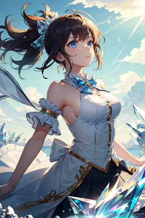 (masterpiece, best quality:1.3), (ultra detailed, illustration, disheveled hair, frills1.2), (1 girl), dynamic angle, big top sleeves, floating, beautiful detailed sky, on beautiful detailed water, beautiful detailed eyes, (overexposure:1.2), (fist), expre...