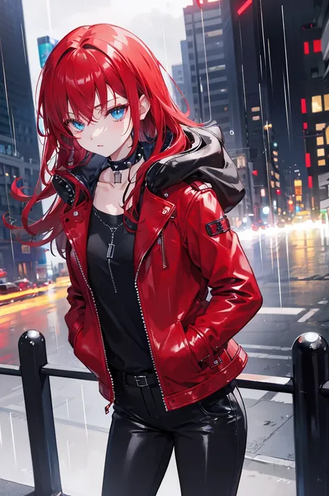 1girl, night city, rain, red leather jacket, hands in pockets, black clothes, black pants, gothic accessories, spiked choker, red hair, blue eyes