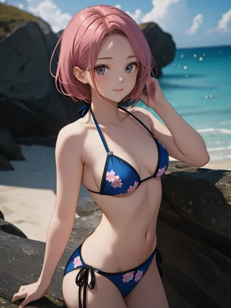 ((masterpiece, high quality, high resolution, absurd, super detailed, High saturation、8k)),real,upper body,(bikini:1.5),(1girl),(small breasts:1.5),(stand:1.5)forehead,seductive smile,cute face、beautiful eyes、pink hair、 (on the beach)、zydG