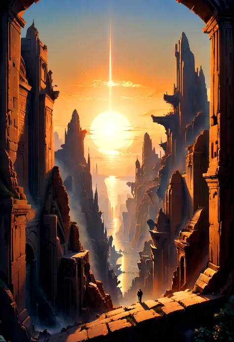 Ancient City, Sunset, by Drew Struzan and Ralph McQuarrie, best quality, masterpiece, 8k