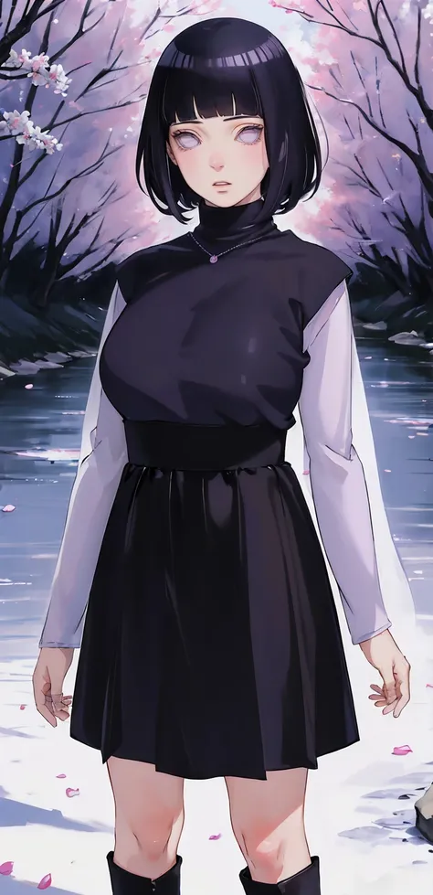 { - anatomy error} (Masterpiece - Ultra-detailed, very high resolution) (huge titusty, masterpiece, absurdres, hinata(boruto), 1girl, solo,mature female, lilac turtleneck blouse, high waist black long skirt, looking at viewelling petals), perfect compositi...