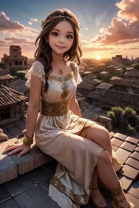 masterpiece, best quality, an ancientcivilization girl smiling, ancient costume, ancient girl dress, sitting on a roof, ancient city ruins at sunset, ancient town street, 