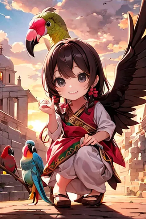 masterpiece, best quality, a cute chibi girl smiling, mexican indigenous dress, talking to a parrot, ancient city of Chichen Itzá st sunset