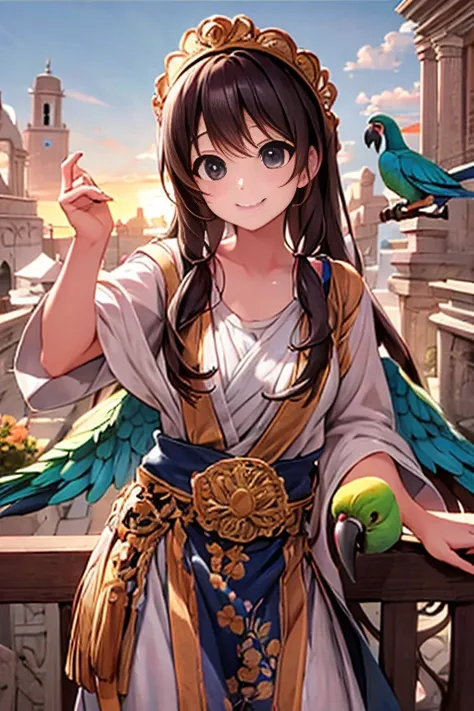 masterpiece, best quality, a cute girl smiling, mexican indigenous dress, talking to a parrot, ancient city of Chichen Itzá st sunset