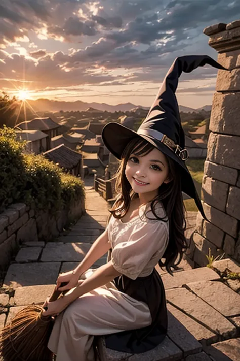 masterpiece, best quality, a cute witch smiling, riding a broom, from avobe, night ancient city at sunset,