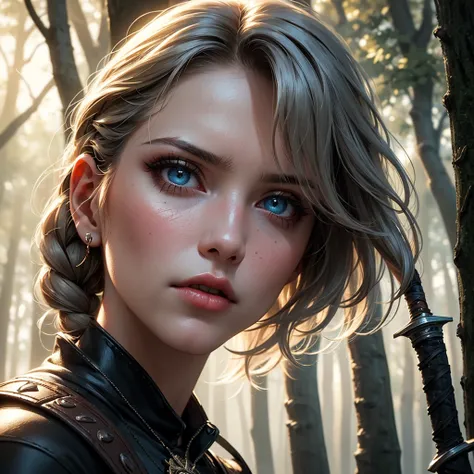 (best quality,4k,highres,masterpiece:1.2),Ciri,girl,detailed eyes,detailed lips,longeyelashes,beautiful face,determined,intense look,braided hair,expressive eyes,witcher medallion,dark fantasy,medieval,sword,fierce,strong,warrior,action pose,dangerous,fore...