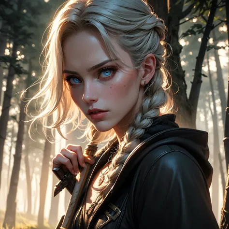 (best quality,4k,highres,masterpiece:1.2),Ciri,girl,detailed eyes,detailed lips,longeyelashes,beautiful face,determined,intense look,braided hair,expressive eyes,witcher medallion,dark fantasy,medieval,sword,fierce,strong,warrior,action pose,dangerous,fore...