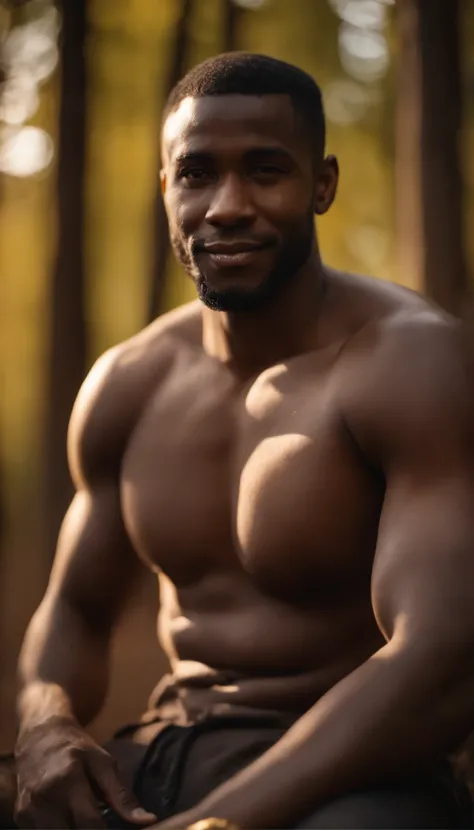 black man, golden forest, no shirt, true self, RAW photo, 8k UHD, high detailed skin, handsome african man, masterpiece, photography, ultra realism, realistic, outdoors, golden hour, portrait, smiling, soft lighting, ( highly detailed skin:0.7),(film grain...