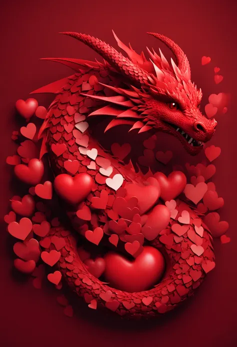 a dragon made entirely of hearts, red theme