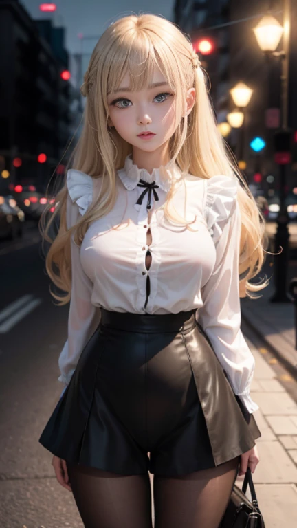 masterpiece, highest quality, transparent face、confused, looking at the viewer, alone, Rita Rossweisse (summer night&#39;Dream of), Rita Rossweisse, shirt, pantyhose,  blue eyes, blonde hair, long sleeve, mole under eye, (hair above one eye), frilled shirt...