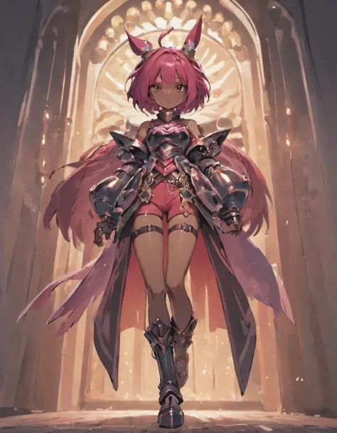 ((voluptuous dark-skinned girl)), fluffy bunny ears, cat tail, Magenta hair color, dark magenta eyes, magic sword in hand, large ragged cloth cape wrapped around waist, chest armor, gauntlet, black long sleeve shirt under armor, chest armor, hoodie, proper...