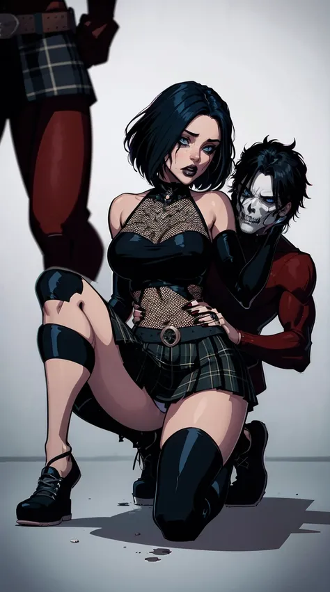 a woman with short black hair, hair on shoulders,  wearing a black cropped  and plaid skirt, blue eyes, zombie art, gothic art, cute aesthetic with vibe, toon aesthetic, wearing red costume, wearing gothic accessories, look like Cassie Hack, whole body, on...