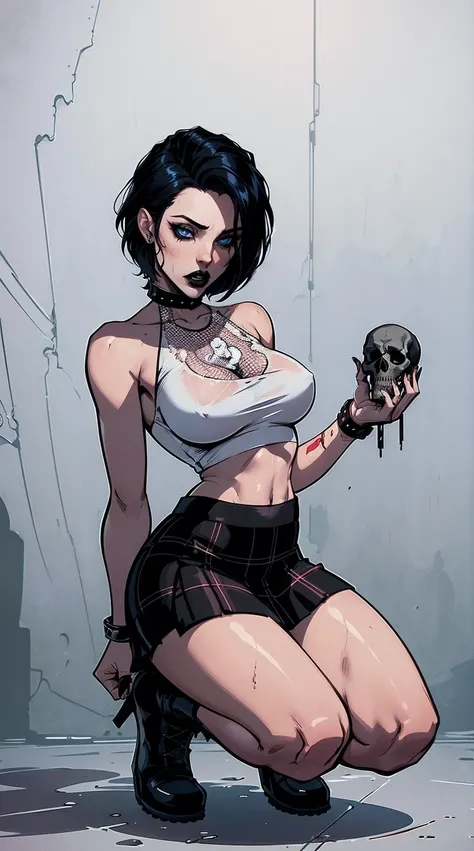 a woman with short black hair, hair on shoulders,  wearing a black cropped  and plaid skirt, blue eyes, zombie art, gothic art, cute aesthetic with vibe, toon aesthetic, wearing red costume, wearing gothic accessories, look like Cassie Hack, whole body, on...