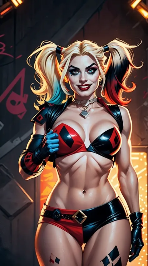 "Harley Quinn, a bold and captivating character with a mischievous smile and vibrant personality. Exuding an air of rebelliousness and playfulness, she is portrayed in an ultra-detailed CG illustration with masterful craftsmanship and impeccable quality. H...