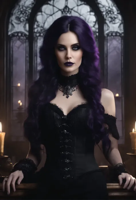 (gothic black figure,elegant,long black hair,purple highlighted hair,detailed villain,dark clothing with purple accent,victorian-style clothing) ,(best quality,4k,8k,highres,masterpiece:1.2),ultra-detailed,(realistic,photorealistic,photo-realistic:1.37),HD...