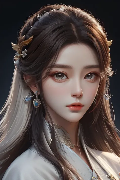 Close-up of a woman with brown hair and a brown mask.，beautiful character drawings，Chinese immortal，Yang Guifei,Fan Bingbing, Angel style，Gouwiz，Gouwiz-style artwork，silver haired god，Yang J.，Great and beautiful character art，Amazing character art，Fan Qi，W...