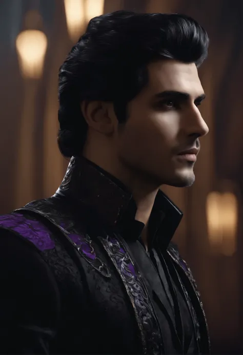 man (gothic black figure,elegant,  black hair, highlighted hair,detailed villain,dark clothing with purple accent, modern-style clothing) ,(best quality,4k,8k,highres,masterpiece:1.2),ultra-detailed,(realistic,photorealistic,photo-realistic:1.37),HDR,UHD,s...