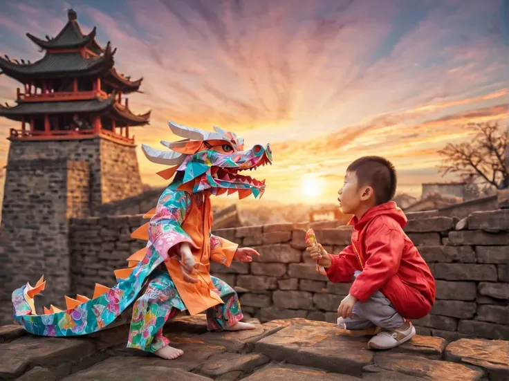 some chinese children play with their (wooden dragons toy :1.1), new year, 2024, ancestral city, chinese wall, sunrise, sunset, landscape, "origami clothes", "zentangle clothes", 3d crunch, cinematic