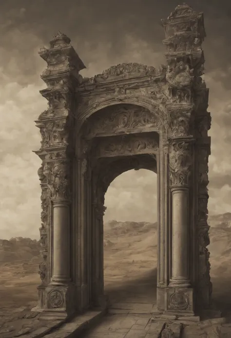 Capture the enigmatic allure of a forgotten gateway that transcends time and space. Emphasize its (mysterious:1.3) presence, (weathered:1.2) architecture, and (intricate:1.1) carvings. Surround it with an otherworldly landscape, (shimmering:1.2) celestial ...