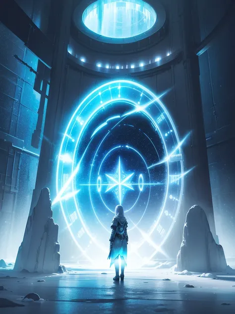 Huge circular tunnel covered in ice, The tunnel is decorated with glowing runes, (A translucent neon door at the very back, The Door of Time and Space), highly detailed digital art, Stunning artwork in 8k, 8K high definition concept art, fantasy art, (wide...