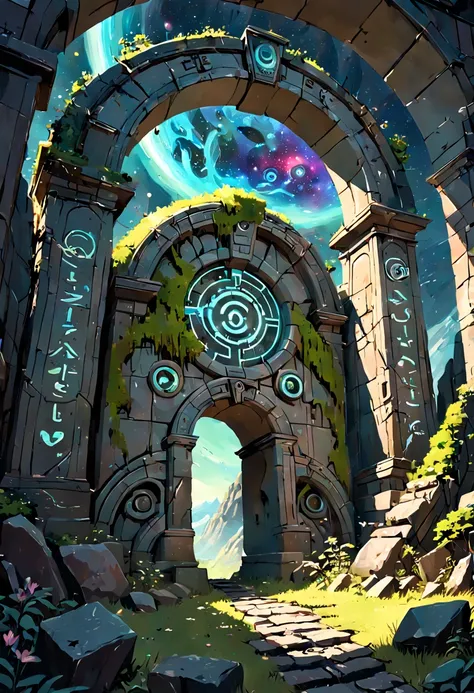 Ultra realistic painting of a forgotten gateway, mysterious ancient portal surrounded by vines and moss, crumbling stone archway with glyphs and runes, swirling nebula cosmos in the portal, stars and galaxies visible inside, leading to another time and dim...