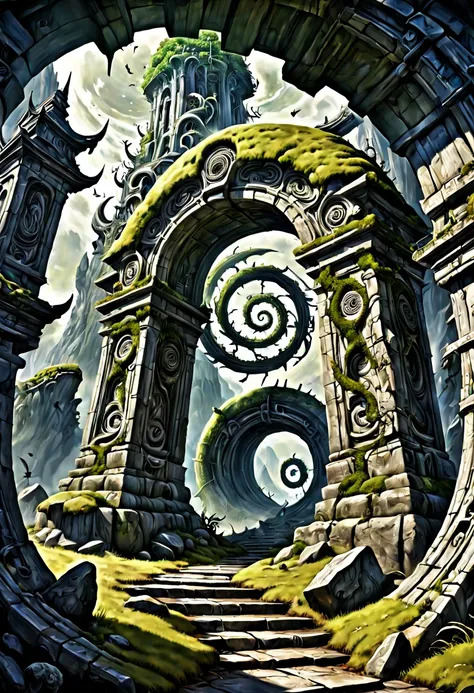 "Ancient stone gateway covered in intricate carvings and moss, leading to a swirling vortex of time and space, Digital Illustration, Art Styles {fantasy, mystical}, Art Inspirations {H.R. Giger, Roger Dean}, Camera {wide angle lens}, Shot {low angle}, Rend...