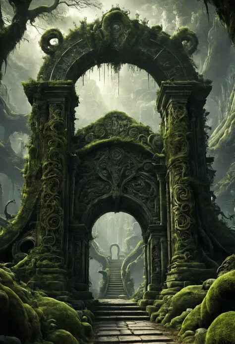 "Ancient stone gateway covered in intricate carvings and moss, leading to a swirling vortex of time and space, Digital Illustration, Art Styles {fantasy, mystical}, Art Inspirations {H.R. Giger, Roger Dean}, Camera {wide angle lens}, Shot {low angle}, Rend...