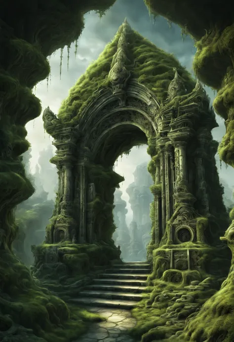 "Ancient stone gateway covered in intricate carvings and moss, leading to a swirling vortex of time and space, Digital Illustration, Art Styles {fantasy, mystical}, Art Inspirations {H.R. Giger, Roger Dean}, Camera {wide angle lens}, Shot {low angle}, Rend...