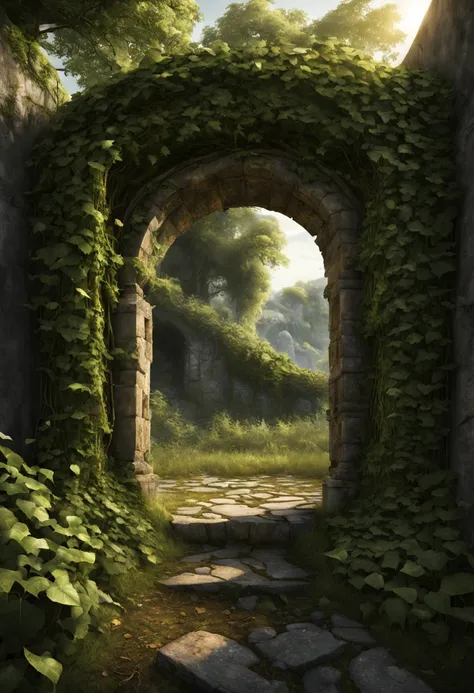 "Subject Description {A decrepit gateway made of weathered stones, entwined with overgrown ivy, standing alone in a desolate landscape, with a shimmering portal of light emanating from within}, Type of Image {Photorealistic Image}, Art Styles {surrealism},...