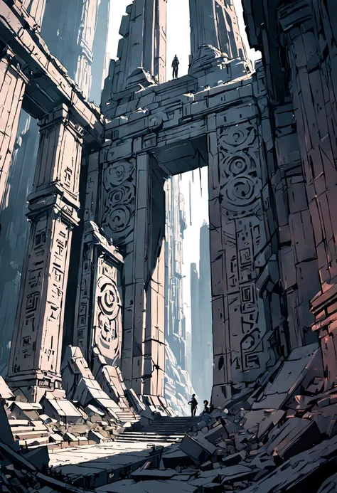 "Type of Image {Sketch}, Subject Description {A forgotten, towering stone gateway with mysterious glyphs, surrounded by the remnants of an ancient civilization, and a rift in time and space opening above it}, Art Styles {concept art, line art}, Art Inspira...