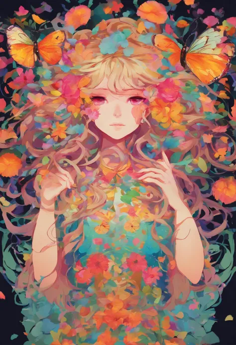 (art nouveau:1.25), Maximalism artstyle,neon theme,suprematism,beautiful detailed flower, beautiful detailed eyes,hyper detailed,flower,hyper quality,,eyes,flower and hair is same color,beautifuly color,face,her hair is becoming flower, flower,hair,flower,...