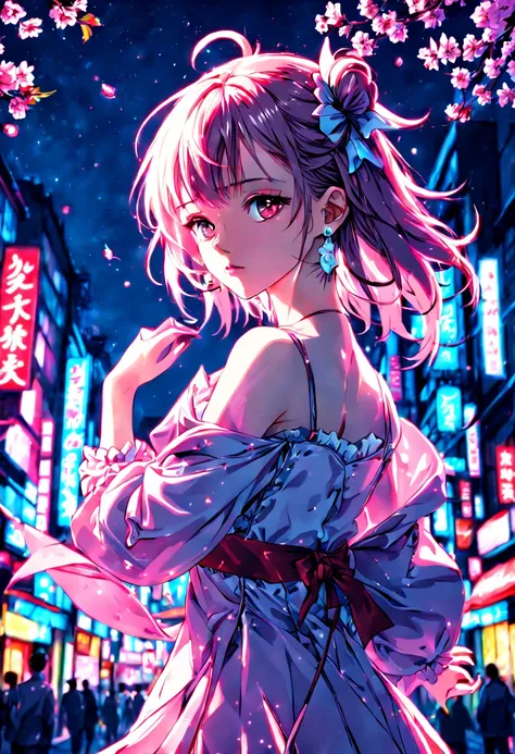 1girl, Magical girl in Tokyo at night, cherry blossoms, neon-lit streets, vibrant colors, dynamic pose, art by CLAMP, (best quality, masterpiece:1.5), HDR, UHD, studio lighting, ultra-fine painting, sharp focus, physically-based rendering, extreme detail d...