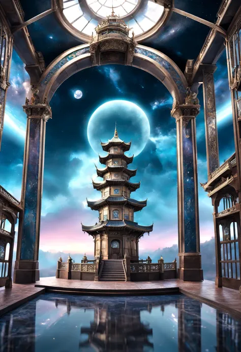 神奇夢幻冰晶水晶The majestic building is an intricate gateway through time and space.  朦朧 雙色調數位繪畫  晨光, The majestic building is an intricate gateway through time and space., 8k, Ultra high detail, masterpiece master art work surreal